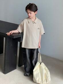 DAZY Tween Boy Letter Print Drop Shoulder Loose Fit Polo Collar T-Shirt - Apricot - View 5