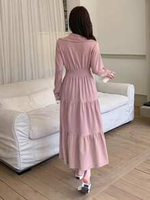 DAZY Plain Collared Half Zip-Up Mid-Length Dress For Women,Ruffle Shirt Dress,Fall Clothes Long Sleeve Dress - Pink - View 2