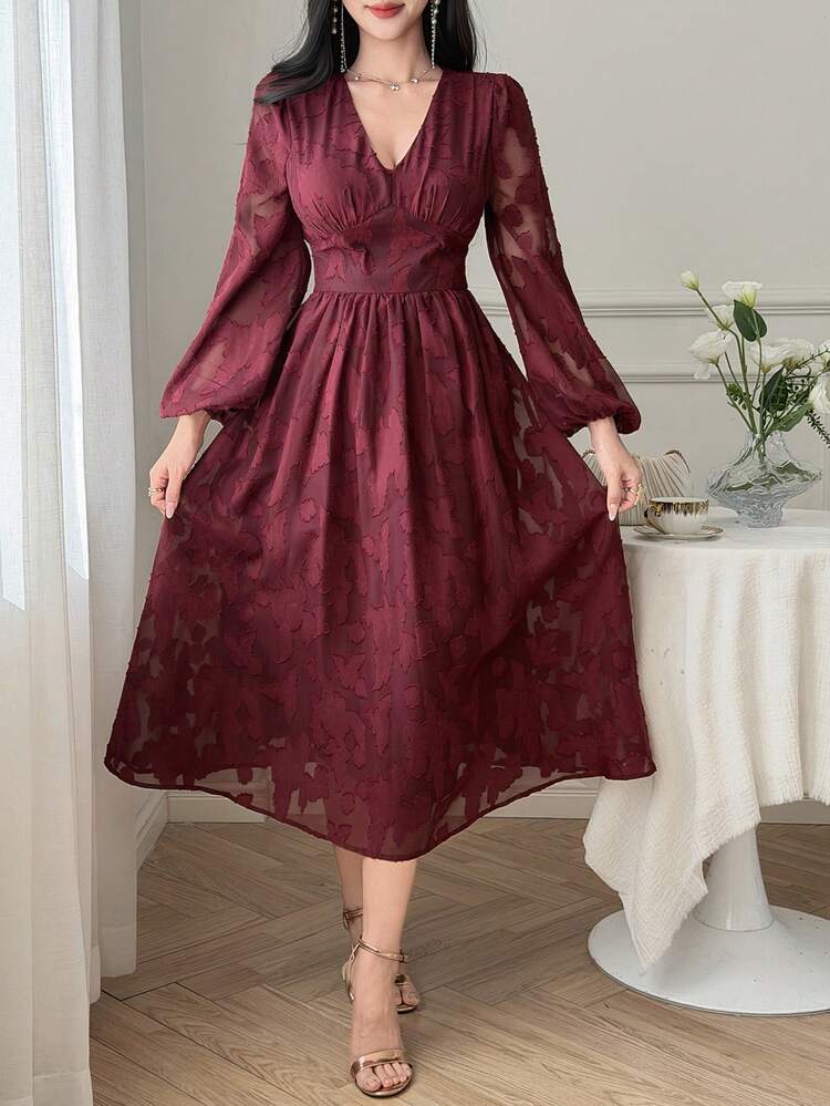 Women's V-Neck Long Sleeve Waist Cinched Textured Fabric Elegant Dress Sundress