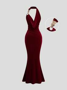 Sweetra Sexy Cinched Waist V-Neck Long Dress, High-End Velvet Halter Dress - Red - View 1