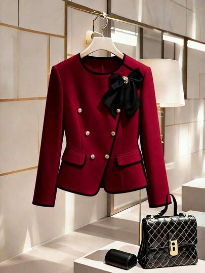 GlowEve CURVE Plus Size Women Elegant Solid Color Contrast Long Sleeve Jacket Red Dress Jacket Professional Clothes Women Red Casual Blazer Jacket Suit For Women Red Blazer With Bow
