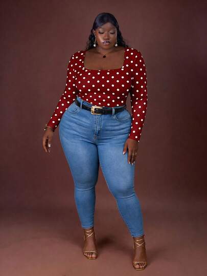 CurvyTilda Elegant Retro Polka Dot Casual Minimalist Plus Size Fitted Square Neck T-Shirt, Suitable For PartyIn Fall/Winter