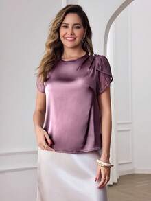 Miaspire Women's Elegant Petal Sleeve Pleated Loose Top, Satin & Contrast Lace, Summer - Purple - View 4