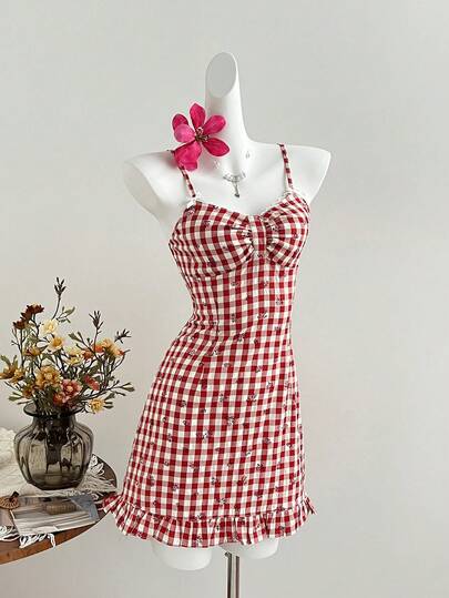 Elamini Sexy Red & White Plaid Lace Trim Bow Decor Mini Slip Dress, Romantic For Dates, Valentine's Day, Spring/Summer/Autumn