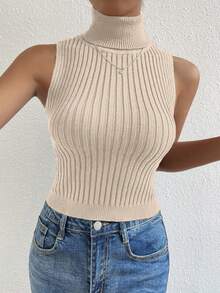 SHEIN Unity Women's Solid Color Turtleneck Fitted Versatile Knit Top - Apricot - View 5