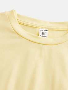 SHEIN Girlism 少女修身休闲圆领短袖T恤，侧边褶皱设计，附赠发圈 - 芥末黃 - 查看 4