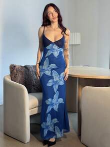 Abrilcols Váy ôm in hoa cho nữ - Màu xanh hải quân - Xem 5