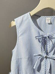 SHEIN 少女蓝白条纹休闲优雅度假风露肩褶皱短款T恤 - 藍白色 - 查看 4