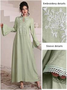 Al Najma 绿色花卉刺绣滚边喇叭袖宽松优雅连衣裙，女士款 - 綠色 - 查看 5