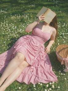 SHEIN MOD Plus-Size Women's Spring/Summer Pink Shimmering Fabric Maxi Dress, Autumn Wedding Guest Dress, Homecoming Dress, Brunch Wear, Renaissance Market Dress, Dress, Dress, Bridgeton Style Dress, New Year's/Valentine's Day Dress.Spring/Summer Holiday Party Outfits & New Year Outfits Pink Dress Prom Dress Pink Party Dress Elegant Dress High Low Dress - Pink - View 3