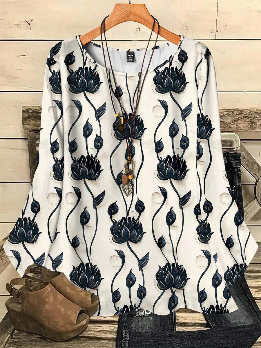 EMERY ROSE Áo thun nữ cỡ lớn in họa tiết toàn thân, cổ tròn, tay lỡ, dáng rộng, thích hợp cho mùa thu/đông. - Nhiều màu - Xem 1