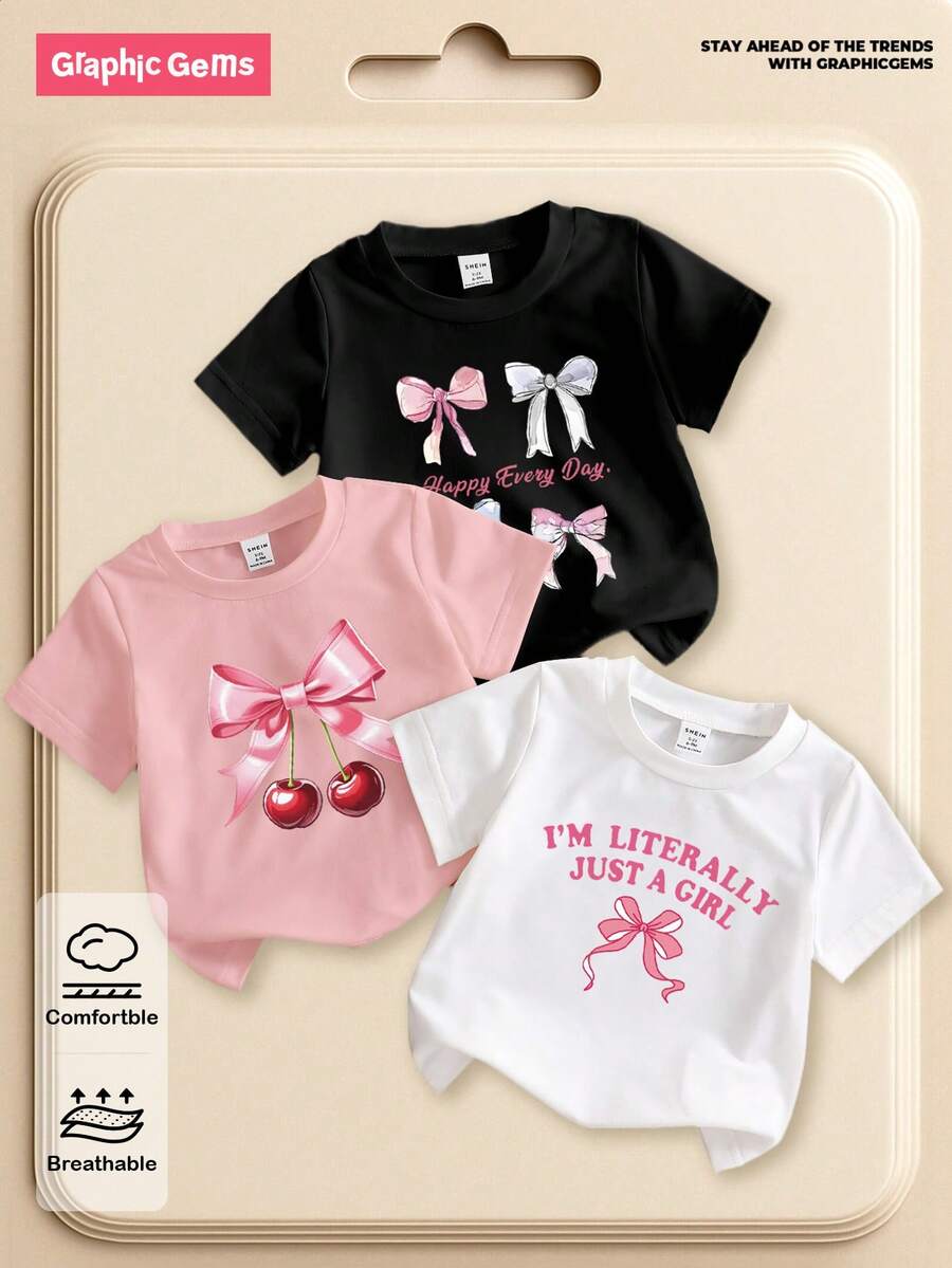 SHEIN GraphicGems 3pcs/Set Baby Girl 6M-3T Cute Black And Pink Summer Cute Graduation Bow & Letter Graphic Short Sleeve Knit Crew Neck Tops Daily Basic Tees Apparel - Multicolor - View 1