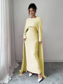 Elenzga Đầm maxi dự tiệc nữ mùa thu/đông, cổ tròn, tay dài, dáng xòe, đính ngọc trai, đính eo, thanh lịch và đa năng. - Vàng nhạt - Xem 5