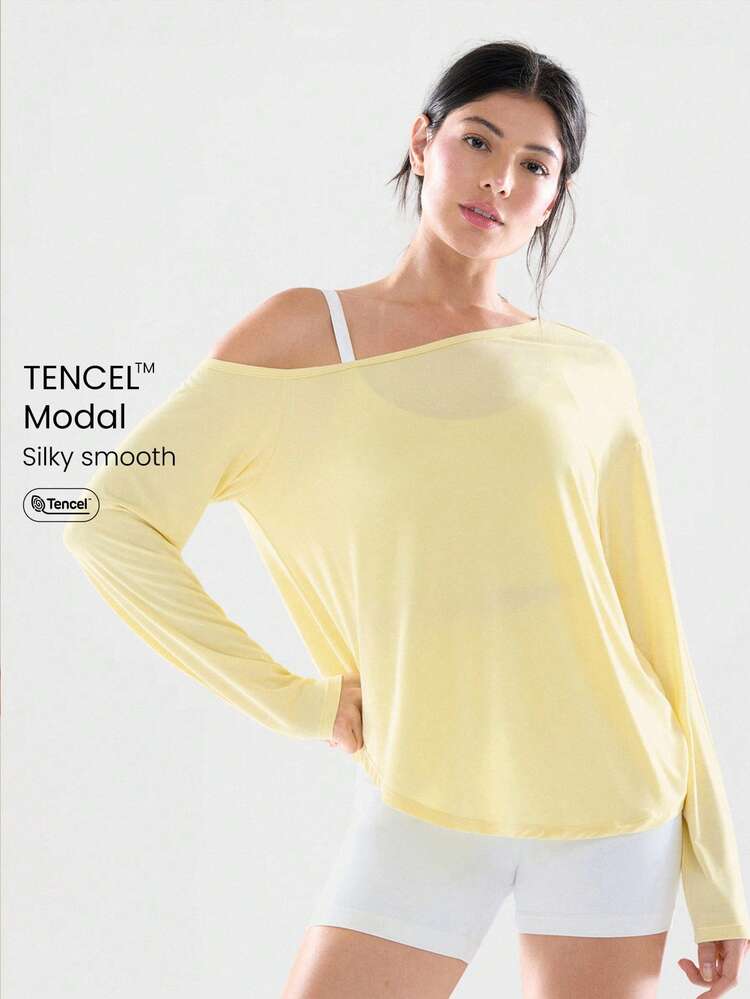 TENCEL™ Modal Drift Off Lightweight Silky Smooth Asymmetrical Off Shoulder Long Sleeve Active Top Low-Impact Yoga Pilates Gym Studio Daily Casual Wear