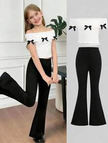 Firerie Kids 少女休闲优雅蝴蝶结露肩白色上衣T恤和喇叭裤套装 - 黑與白 - 查看 1