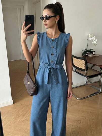 Sparklyn Elegant minimalistisk ärmlös jumpsuit med volangkant, lämplig för semester och pendling, blå textur