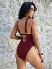 Swim Glamine 1pc Women's Solid Color Hollow Out Sexy One-Piece Swimsuit, Vacation - Burgundy - View 2