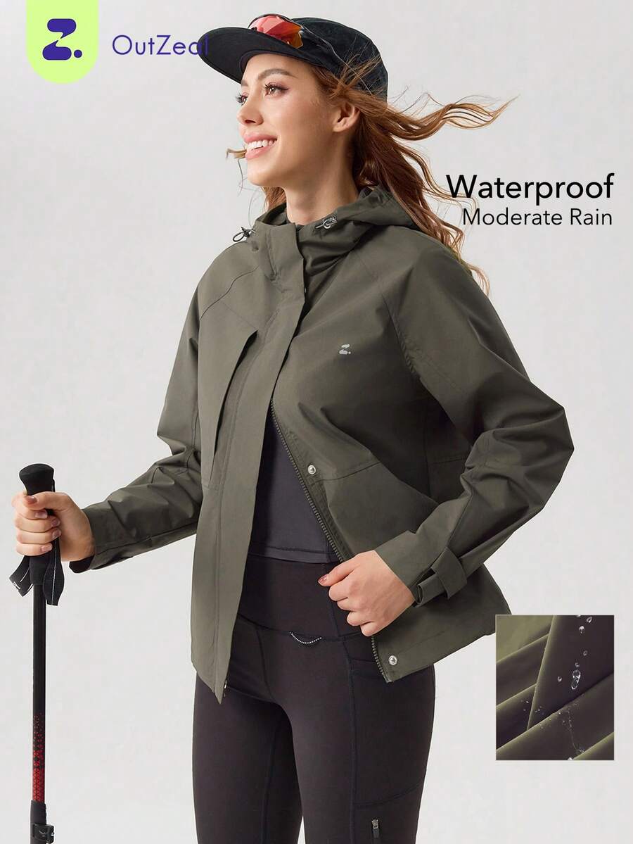 OutZeal Women Outdoor Jacket Hiking Camping Water-Resistant Hooded Side Pocket - Army Green - View 1