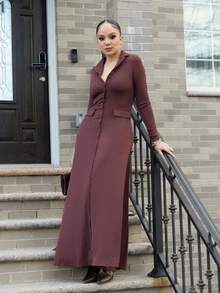 Melissa Matos Women's Standard Size Solid Color Ribbed Fitted Elegant Knit Dress, Autumn/Winter - Coffee - View 1