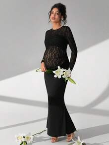 Cheriluna Maternity Solid Color Lace Long Sleeve Maxi Dress With Ruffle Mermaid Hem, Maternity Photoshoot Outfit - Black - View 5