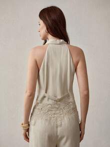 MOTF PREMIUM WOMEN'S HALTER NECK ELEGANT CONTRAST LACE BLOUSE - Khaki - View 4