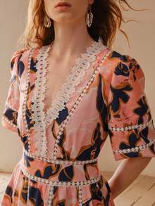 MOTF WOMEN'S FASHION FLORAL PRINT CONTRAST LACE SHORT DRESS - Multicolor - View 5