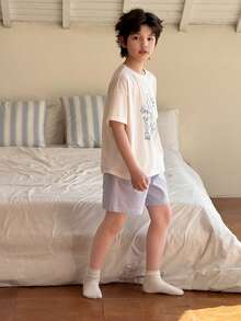 DAZY Tween Boy Comfortable Dog Print Round Neck Short Sleeve T-Shirt And Striped Shorts Pajama Set, Summer - White - View 4