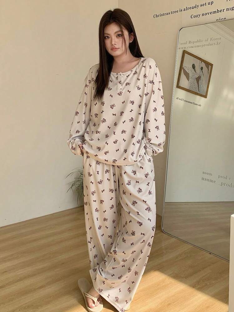 Dazy Plus 2pcs Cute Cartoon Print Loose Long Sleeve Top And Long Pants Pajama Set, Spring/Autumn