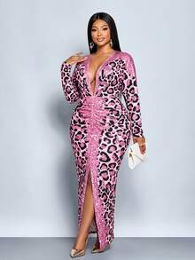 SOLERSUN 大码女式豹纹深V领蝙蝠袖褶皱开衩下摆性感时尚连衣裙，长款连衣裙，长袖腰包及臀部性感长裙，黑色咖啡色不规则渐变豹纹针织面料，前中高开衩，派对礼服，舞会礼服，婚礼宾客礼服，秋冬季，2026，新年 - 粉色 - 查看 2