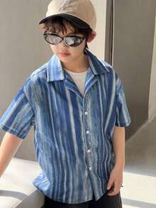 DAZY Tween Boy Striped Print Button-Front Short Sleeve Shirt - Blue - View 3