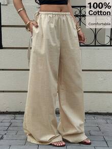 Siren Gaze Quần ống rộng bằng vải lanh cotton màu trơn dành cho nữ, có dây rút, quần lanh rộng rãi thoải mái, quần lanh màu trơn mùa hè dành cho nữ, quần ống thẳng cạp thấp, quần ống rộng thoải mái cho kỳ nghỉ. - Màu be - Xem 7