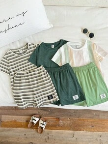 Set 6 pcs Unisex untuk Anak Laki-laki/Perempuan, Kaos Lengan Pendek Bergaris Kasual dan Celana Pendek, Pakaian Modis Musim Semi/Panas - Hijau - View 3