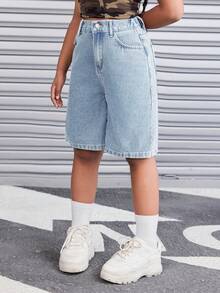 SHEIN Tween Girl Trending Retro Washed Loose Fit Baggy Bermuda Denim Shorts With Slanted Pockets, Fall Streetwear,Kids - Light Wash - View 4