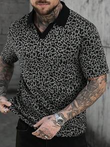 Manfinity CasualCool Camisa polo de cuello en V con estampado de leopardo en contraste, adecuada para salidas y fiestas - Gris Oscuro - Ver 3