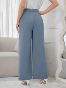 Modelyn 女士纯色腰部纽扣设计阔腿宽松优雅裤 - 藍色 - 查看 2