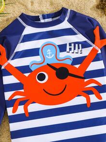 SHEIN Young Boy Cute Crab Pattern Knit One-Piece Swimsuit, Suitable For Beach, Vacation, Swimming - Blue - View 6