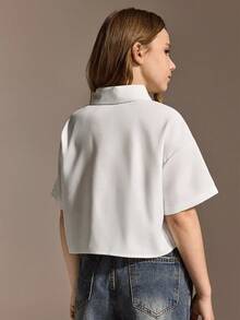 少女休闲校园风街头时尚露脐短袖衬衫，带大口袋 - 白色 - 查看 2