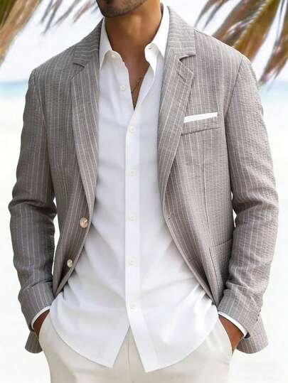 Manfinity Mode Men's Textured Gray & White Striped Suit Jacket, Spring/Summer