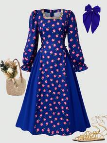 一件少女碎花连衣裙，方领金色蕾丝边，长喇叭袖，及地长款，侧边拼接，春季款 - 藍色 - 查看 3