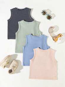 SHEIN 4 piezas Camiseta sin mangas para bebé niño, azul marino a rayas con bordado y gráfico, cuello redondo, top casual de verano cómodo para la vuelta al cole - Multicolor - Ver 2