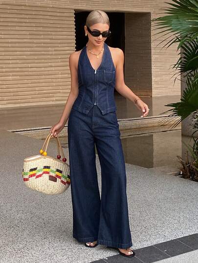 DAZY 女士V领无袖牛仔背心搭配宽松直筒牛仔裤，休闲优雅牛仔套装