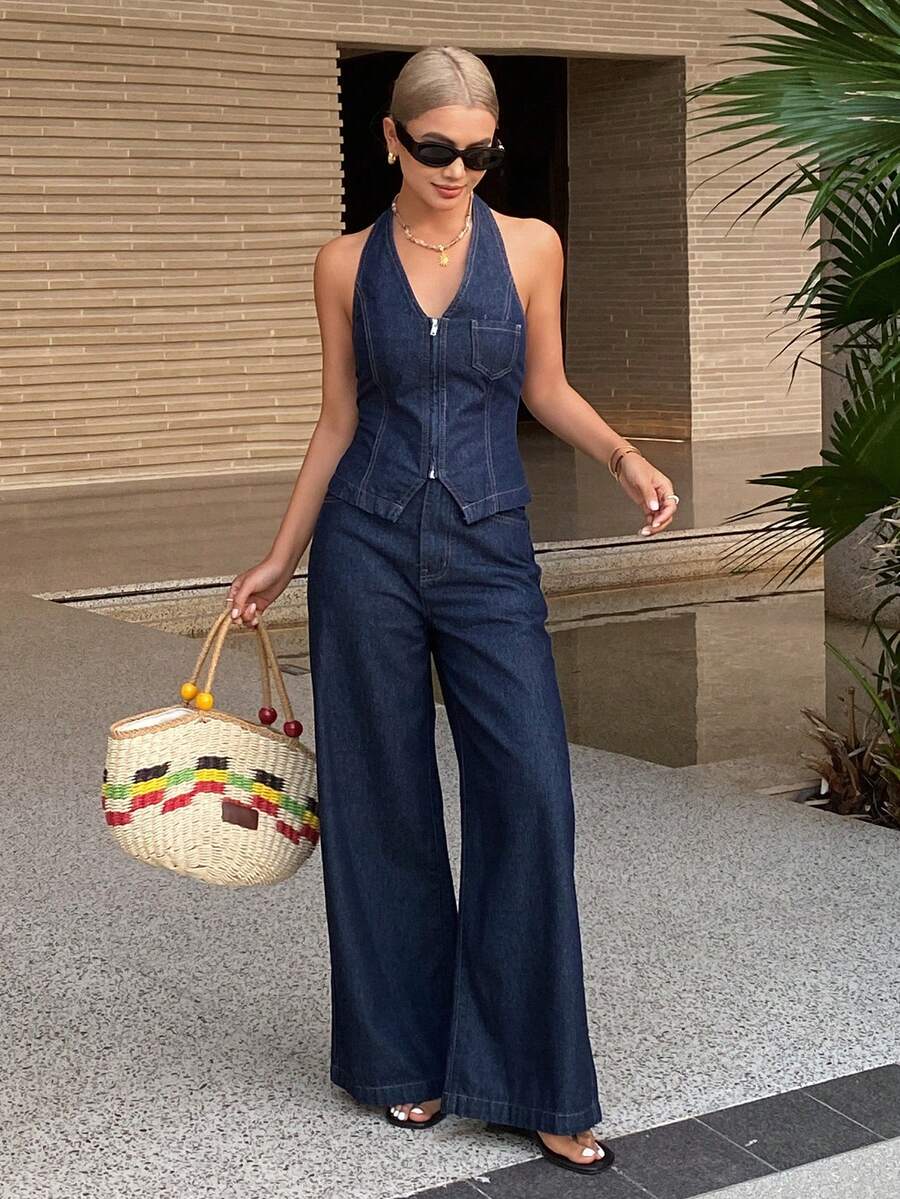 DAZY 女士V领无袖牛仔背心搭配宽松直筒牛仔裤，休闲优雅牛仔套装 - 深色水洗藍 - 查看 1