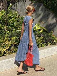 DAZY Women's Summer Round Neck Sleeveless Asymmetric Hem Vacation Washed Denim Dress - Medium Wash - View 3