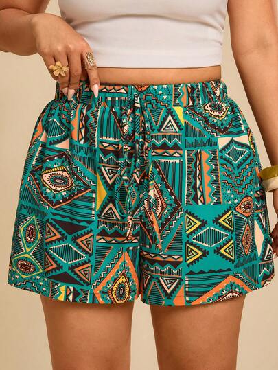 Travachic Pantalones cortos holgados con estampado geométrico colorido para tallas grandes