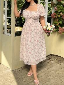 Lyrianda 大码女士优雅刺绣印花系带长裙 - 粉色 - 查看 6