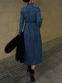 DAZY Women's Long Sleeve Fashionable Front Button Down Long Denim Dress, Casual Everyday Wear - Dark Wash - View 2