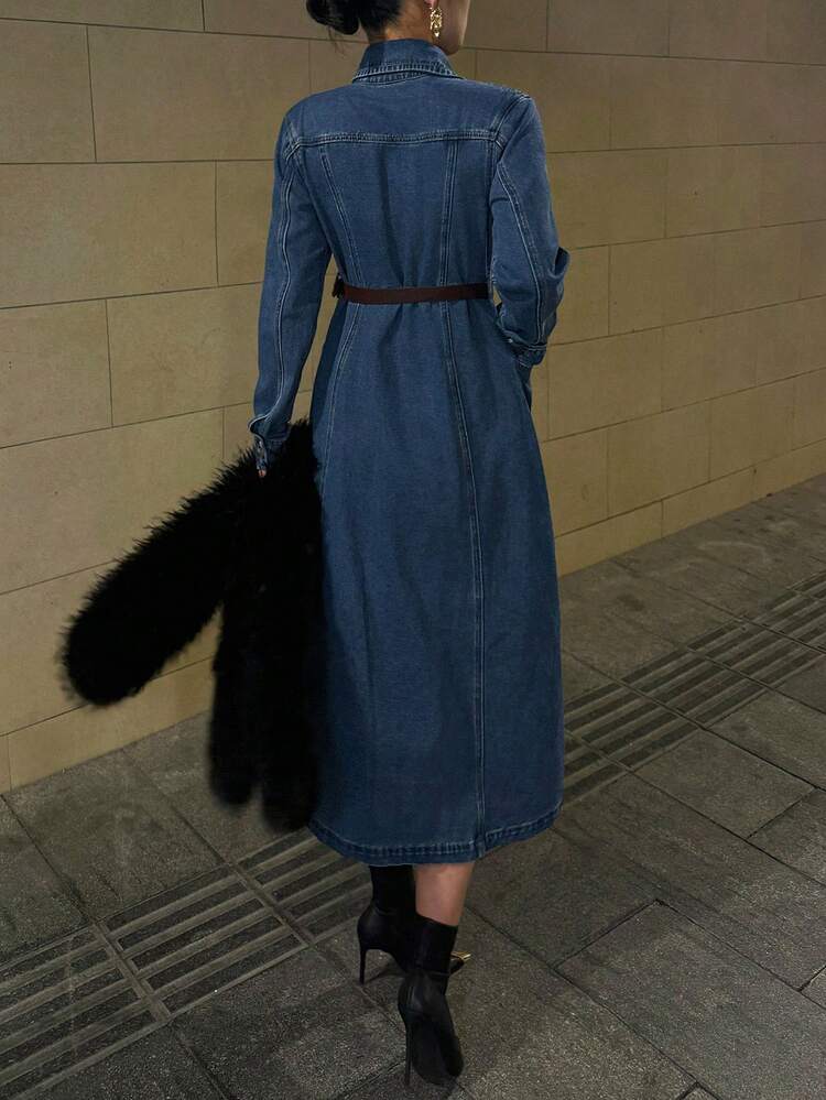 Women's Long Sleeve Fashionable Front Button Down Long Denim Dress, Casual Everyday Wear Dress
