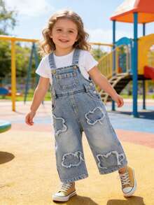 SHEIN 女婴休闲水洗牛仔背带裤 - 淺色水洗藍 - 查看 1