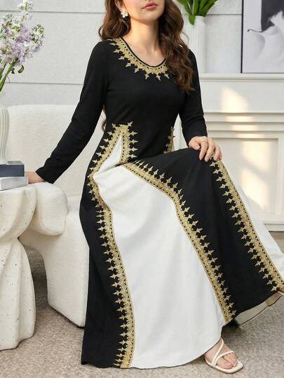 SHEIN Teen Girl Bohemian Style Long Sleeve V-Neck Gold Lace Trim Dress, Flattering Silhouette; Fitted Bodice, Floor-Length With Slit, Adorned With Elegant Gold Lace Trim For A Graceful Princess Look Modest Dress Abaya Dress Teen Modest Dress