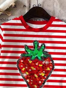 SHEIN 2pcs/Set Young Girl Casual Retro Striped Strawberry Embroidery Short Sleeve T-Shirt And Shorts, Suitable For Outing, Date, Valentine's Day, Sisters Matching, Back To School, Summer Strawberry Shirt Girls Red Striped Shirt Girls Girl Clothes Summer Summer Clothes Red Strawberry Shirt For Girls - Multicolor - View 5